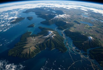 Pacific Northwest Beauty Viewed From The Heavens. A Scenic Panorama Unfolds Revealing Forest Expanse And Mountain Ranges. Discover Earth's Diverse Landscapes. Nature's Captivating Aerial Perspective.