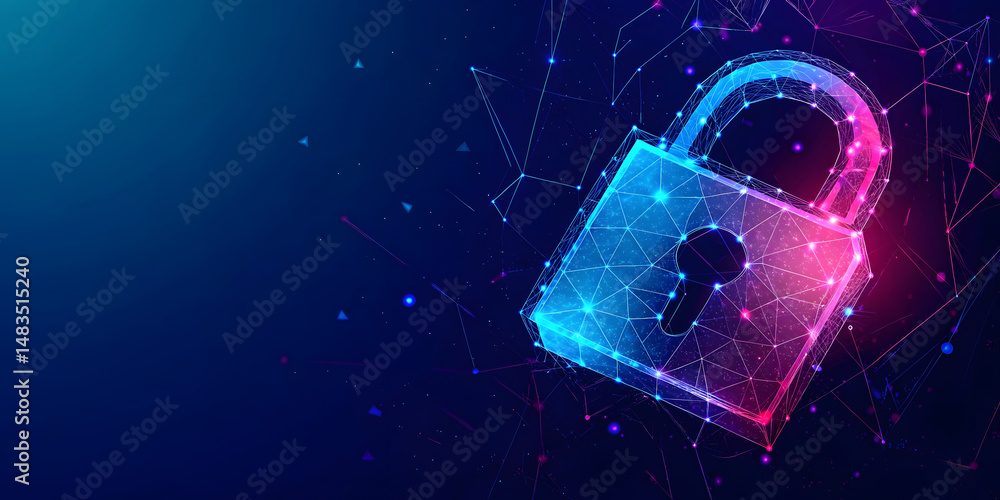 Poster electronic circuit futuristic neon padlock. copy paste empty place for text. cyber, personal data, p