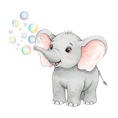 Fototapeta premium Cute Elephant Blowing Bubbles, Watercolor Illustration isolated on white background.