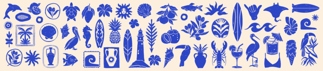 Fototapeta na wymiar Tropical summer ocean print kit, hand drawn exotic nature silhouette stamp, vintage coastal logo. Sea shore surf travel sticker, Hawaii fruit, plant symbols, postage beach vacation badge. Summer print