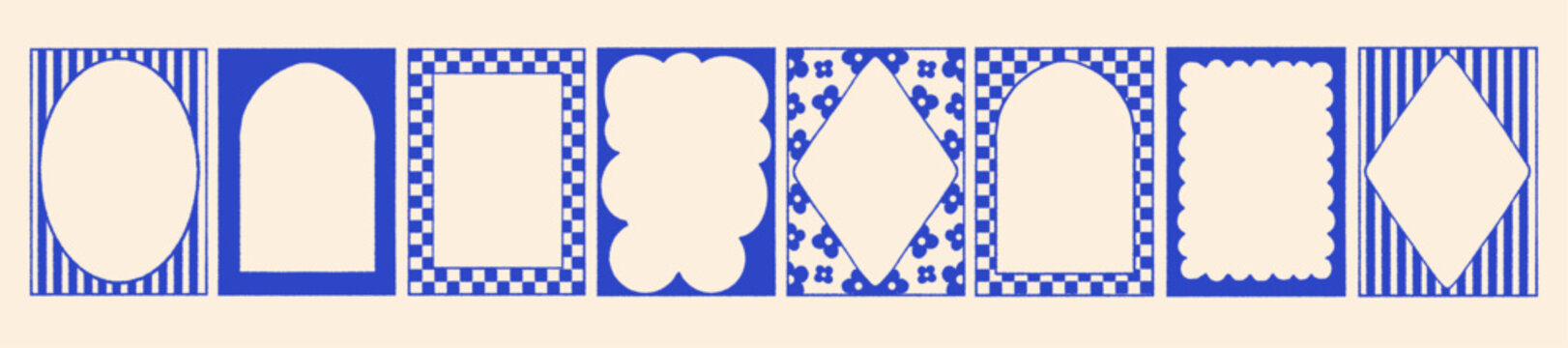 Coastal cute retro frame set, vector blue birthday stripe border vintage holiday summer poster print. Holiday decoration arch postcard design, hand drawn wavy edge shapes. Geometric coastal frame kit