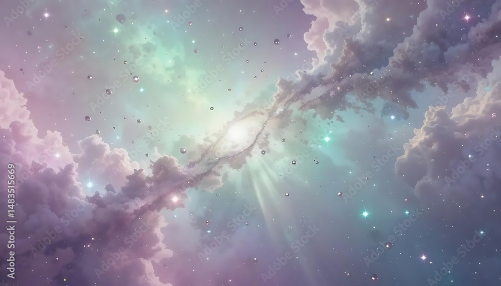Poster ethereal nebula clouds with sparkling stars and light rays creating a dreamy cosmic atmosphere, perf