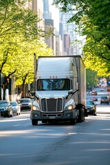 Freight truck navigates busy city street lined with trees during morning rush hour