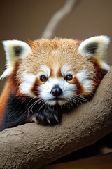 Obraz premium Red panda resting on tree branch in natural habitat during afternoon sunlight