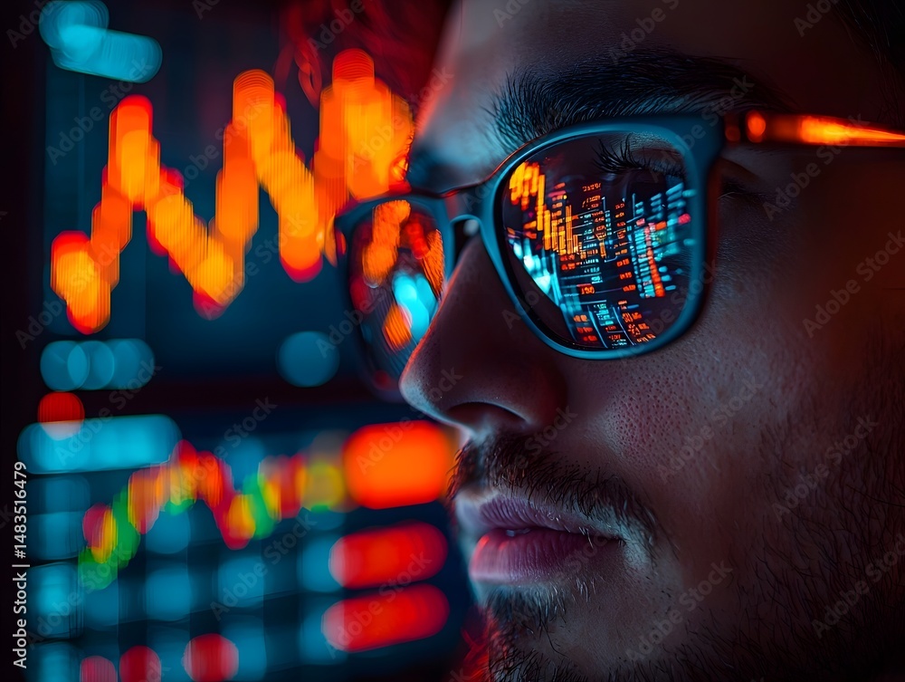 Poster trader analyzing data and charts on a computer screen