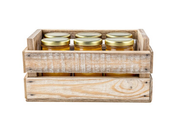 PNG Wooden crate of honey jars with gold lids