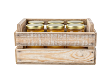 PNG Wooden crate of honey jars with gold lids