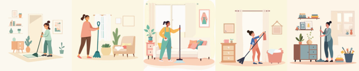 Flat Vector Illustration of Women Cleaning Different Rooms in the House - Bathroom, Kitchen, and Living Room