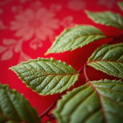 Floral pattern with leaves on a red background