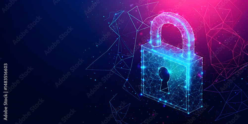 Poster electronic circuit futuristic neon padlock. copy paste empty place for text. cyber, personal data, p