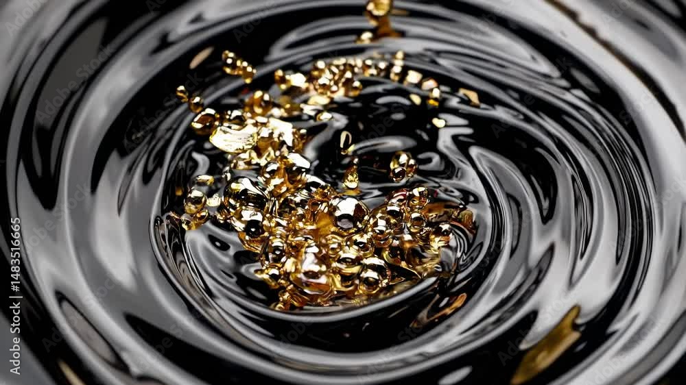 Aufkleber golden droplets splashing on dark surface, forming dynamic liquid patterns with fluid movement