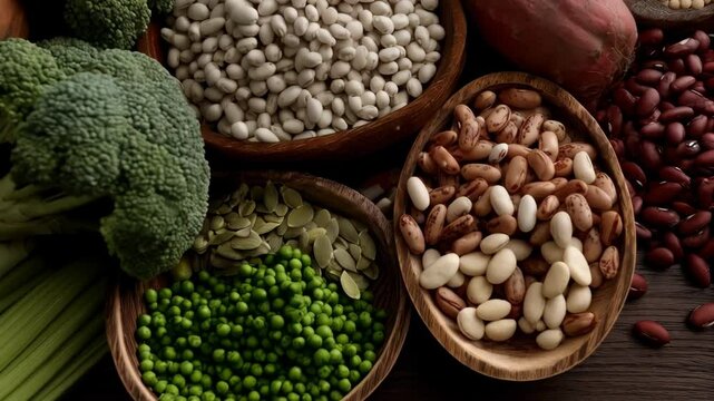 Close up of assorted legumes, vegetables, seeds and tubers in rustic wooden bowls forming a colorful healthy spread on dark background
