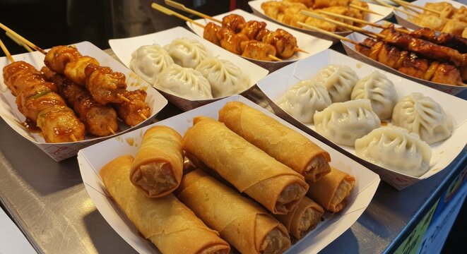 Assorted fried asian food including spring rolls dumplings and skewers on white plates.
