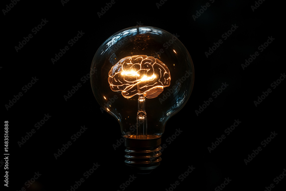 Poster light bulb with a brain inside of it. the bulb is lit up and the brain is glowing