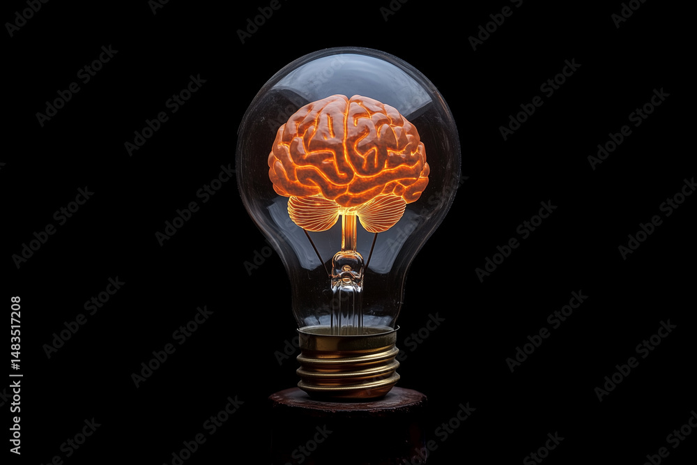 Poster light bulb with a brain inside of it. the bulb is lit up and the brain is glowing