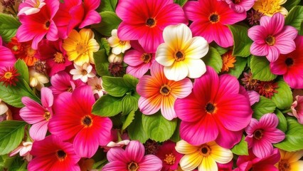 Bright floral pattern with garden flowers and lush green leaves