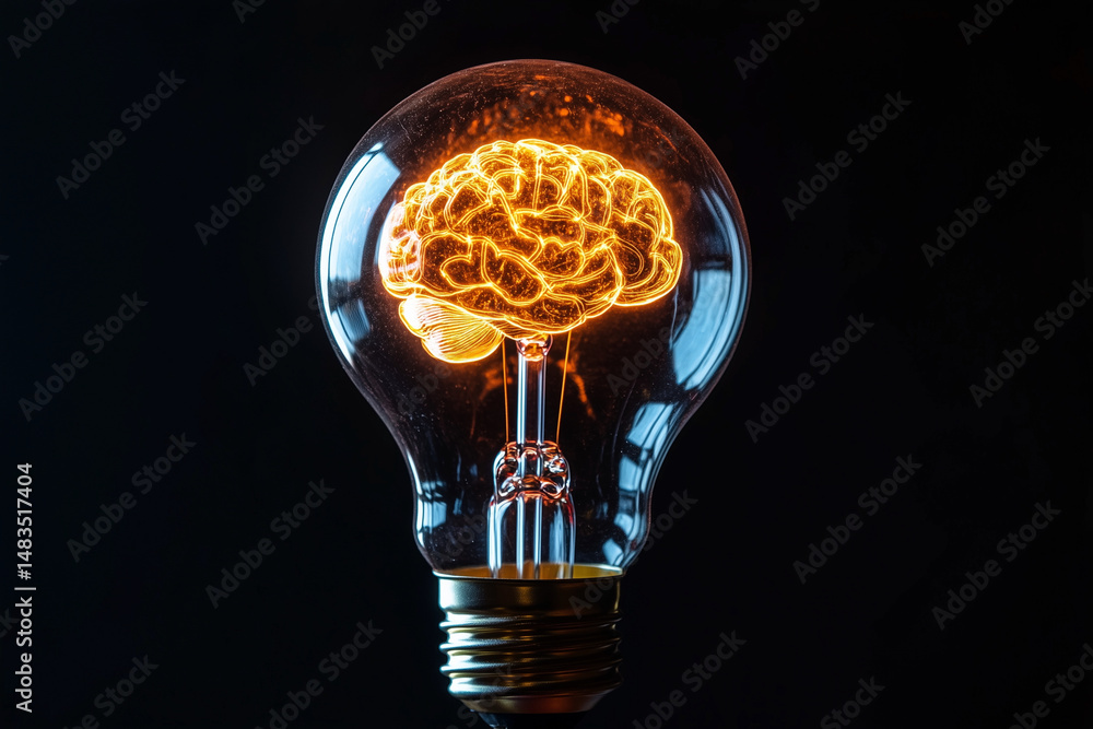 Poster light bulb with a brain inside of it. the bulb is lit up and the brain is glowing. concept of intell