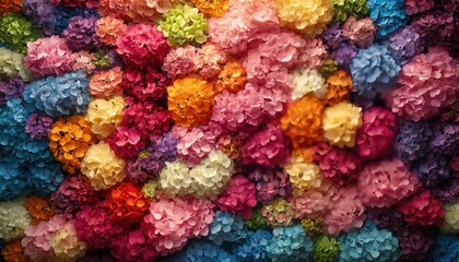 A vibrant wall of colorful hydrangeas, a beautiful and striking floral display. Use this flower image as a background, wedding, or spring-themed design.