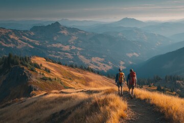 Obraz premium Two hikers walk a mountain trail in a landscape with golden grass and layers of hazy blue ridges under a serene sky.