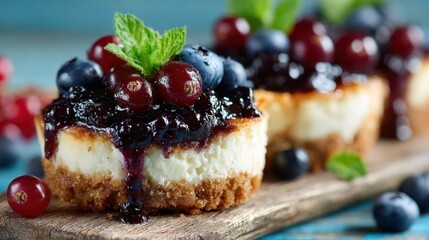 Mini cheesecakes with blueberries and cream topping presented in a close-up with soft pastel background