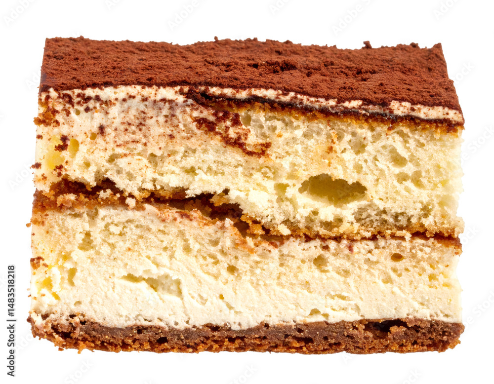 Poster slice of tiramisu cake with cocoa powder on transparent background