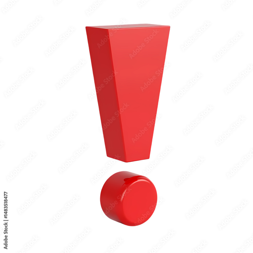 Poster a vivid red exclamation point rendered in three dimensions space isolated on transparent background