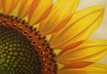 Close up oil painting of a vibrant sunflower against a light yellow background