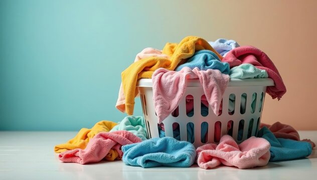 Overfull laundry basket overflowing with dirty clothes and linens , heap, stuffed, dirty linens