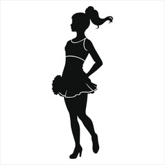 Stylish Cheerleader Vector Silhouette Against a Modern Background/A bold silhouette of a cheerleader, positioned in profile view, stands on a stylized, light gray background.