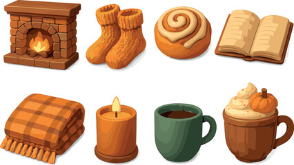 Cozy autumn essentials icons set – 3d, fall, warm and home comfort symbols