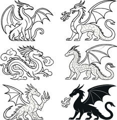 Fototapeta premium Dragon silhouettes icons set – elegant, mythical and fantasy creature symbols