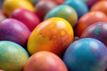 Close-up of dyed Easter eggs in a vibrant array of colors , colorful, yellow