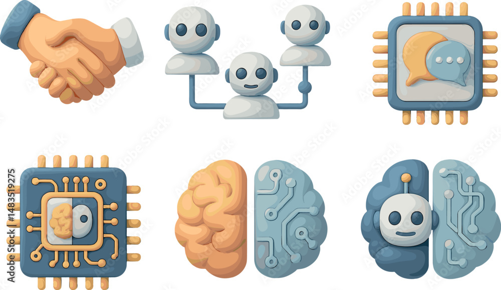 Poster artificial intelligence icons set – 3d, neural network and robotics symbols