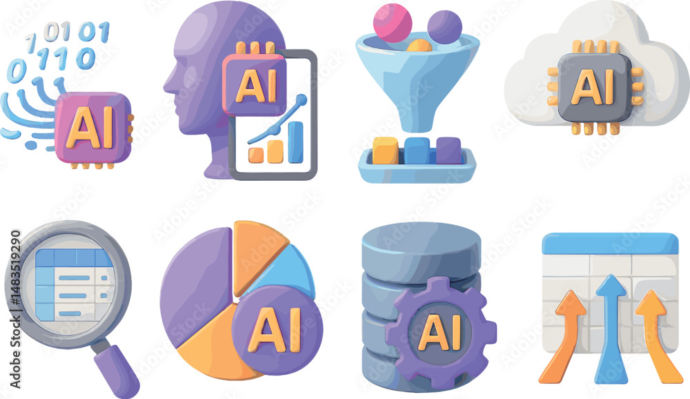 Poster ai and data 3d icons set – simple analytics, technology and cloud computing symbols