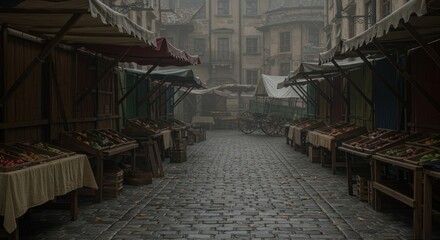 Misty Medieval Market Street Scene