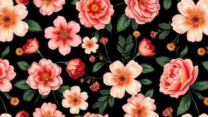 Seamless floral pattern, bright spring blooms on black ground
