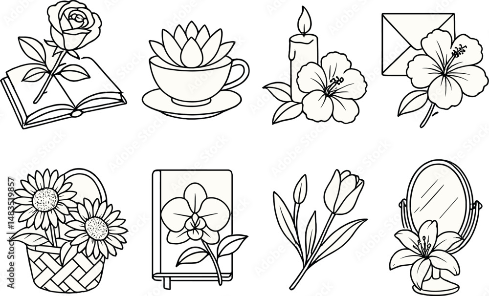 Poster floral object icons set – outline style, botanical and simple design elements