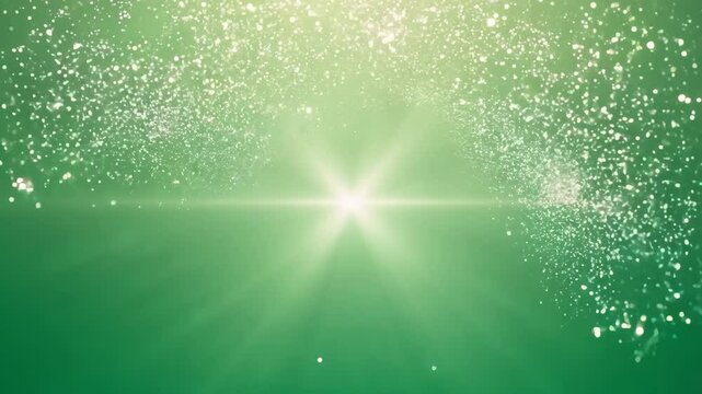 Shimmering sunbeams dance through an enchanting blue winter water, illuminating festive green and white snowflake particles like a magical, bright holiday star