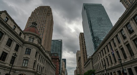 Dramatic Cityscape with Historic and Modern Buildings under Stormy Sky