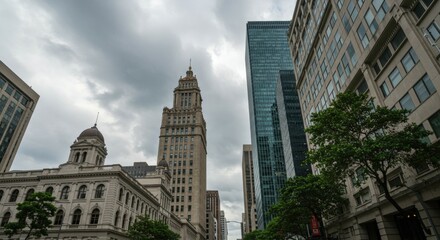 Obraz premium Dramatic Cityscape with Historic and Modern Buildings under Stormy Sky
