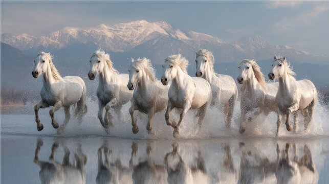 Seven running white horses wall painting mountain morning view background. Majestic and powerful scene with splashing effects. Wallpaper concept.