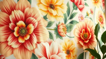 Large floral tapestry, warm spring colors, cotton fabric texture