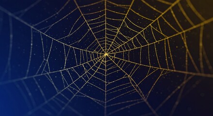 Detailed Close-up of a Golden Spider Web Against a Dark Background