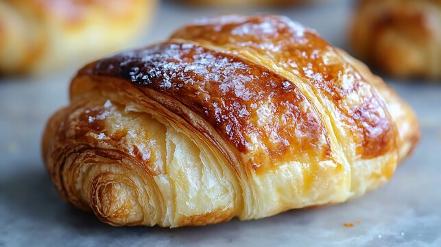 Close-up of a golden-brown croissant, sprinkled with powdered sugar, on a light gray surface.  Freshly baked, flaky pastry