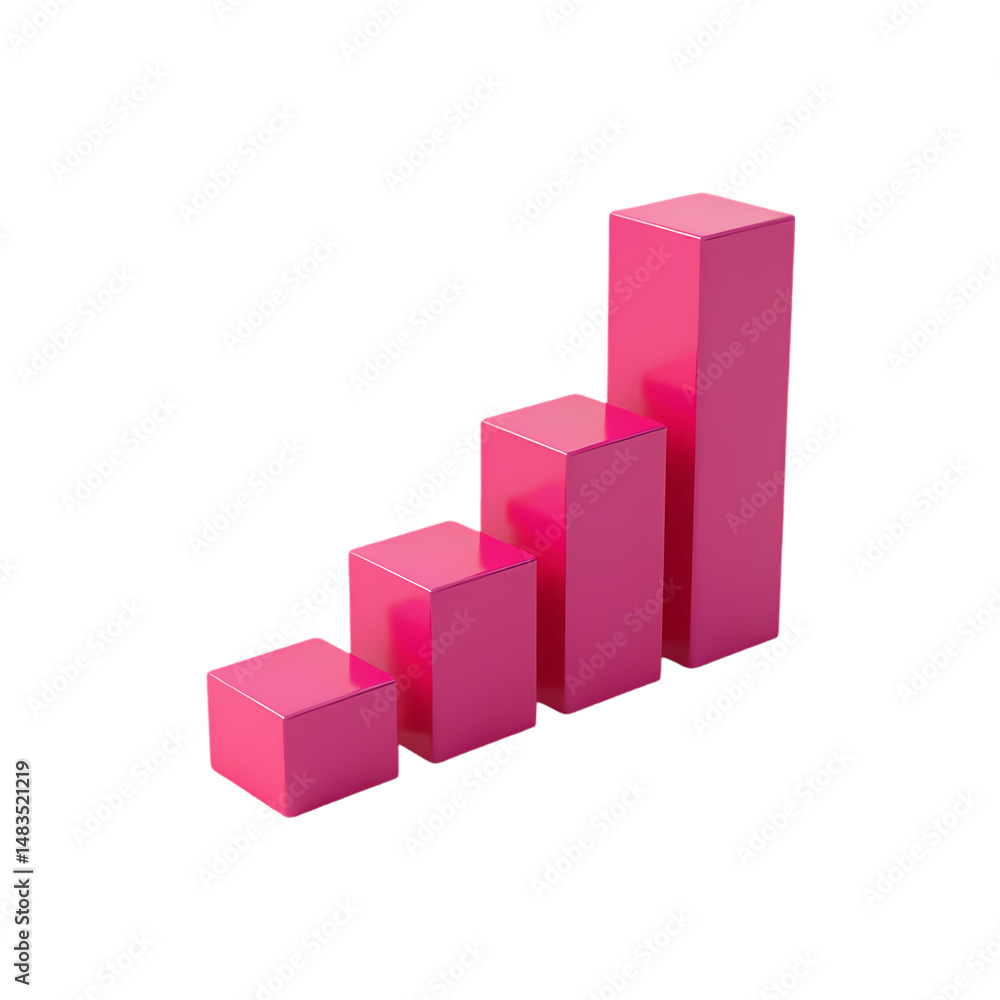 Poster a graphical representation of a pink bar chart showing an upward trend isolated on transparent backg