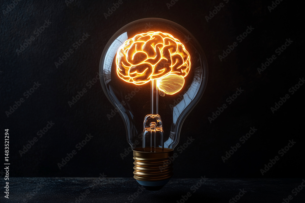 Poster light bulb with a brain inside of it. the bulb is lit up and the brain is glowing. concept of intell