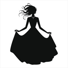Vector Silhouette of a Woman( Gothic style dress) in a Flowing Gown/A stylish silhouette of a woman in a flowing gown, her hair blowing in the wind.