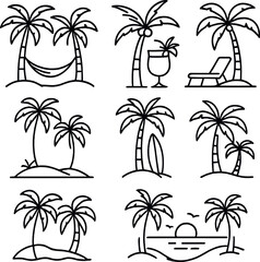 Tropical island and palm trees icons set – linear, beach and vacation outline symbols