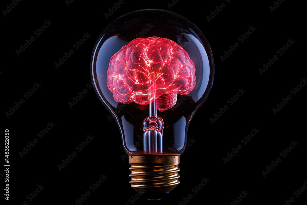 Aufkleber light bulb with a brain inside of it. the bulb is red and glowing. concept of intelligence and creat