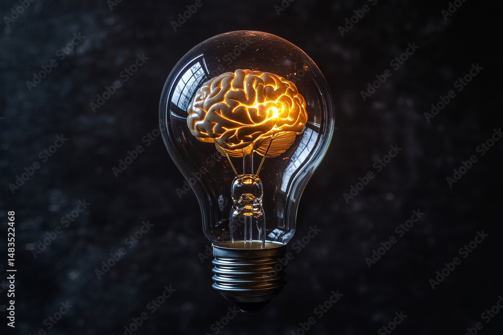 Aufkleber light bulb with a brain inside of it. the bulb is lit up and the brain is glowing. concept of intell